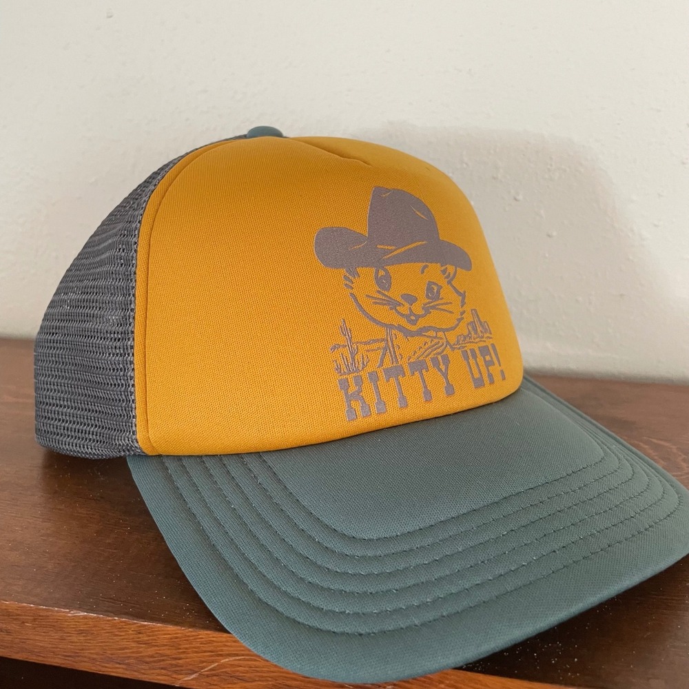 Kitty Up Cat Cowboy Cowgirl Yellow & Green Trucker Hat LEGACY 1992 Color Block‎